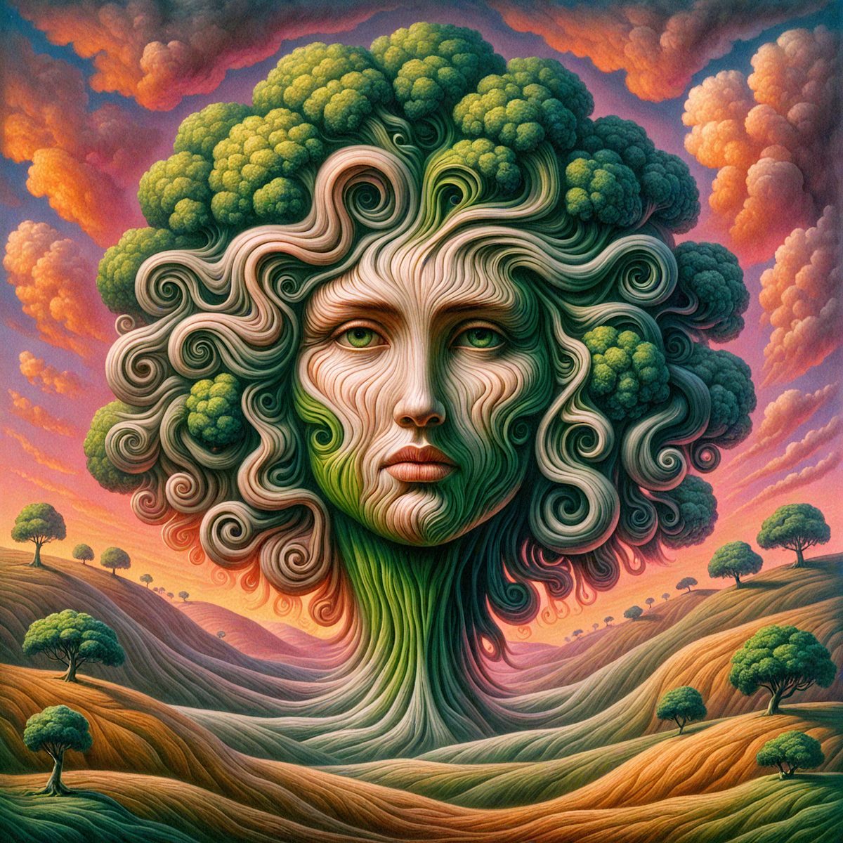 The primary subject of the image is a woman with long, curly hair, who is depicted as a tree. She has green hair and is surrounded by trees, creating a natural and serene atmosphere. The setting is a lush, green landscape, with a hillside visible in the background. The visual style of the image is a combination of digital art and illustration, giving it a unique and artistic appearance. The colors used in the image are predominantly green, which adds to the natural and calming mood of the scene.